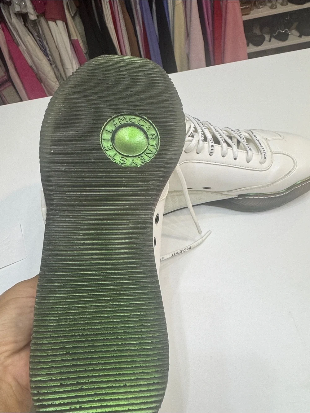 Stella McCartney White Sneakers with Black Logo Laces and Green Accent